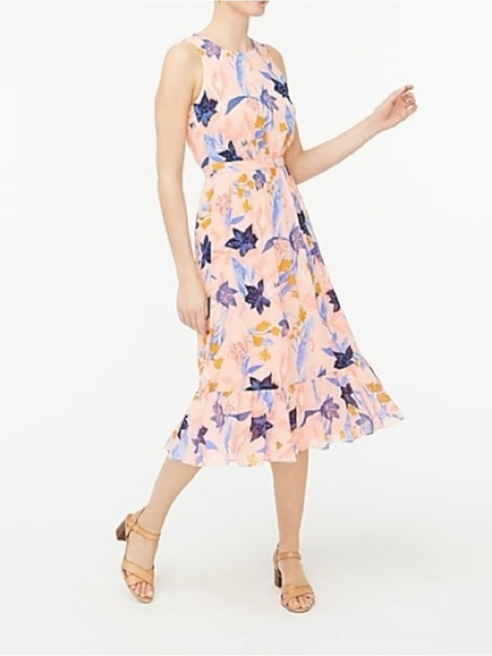 J. Crew Peach Floral Sleeveless Midi Dress